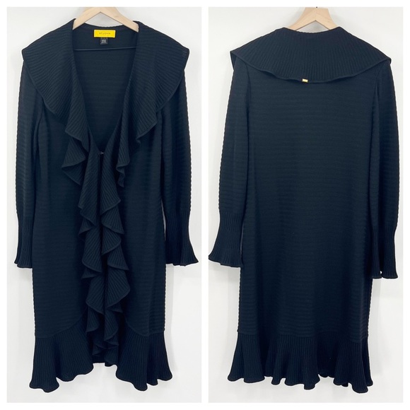 St. John Kelly Coat Duster Cardigan Sweater Black Ribbed Ruffle Size L - Picture 1 of 9